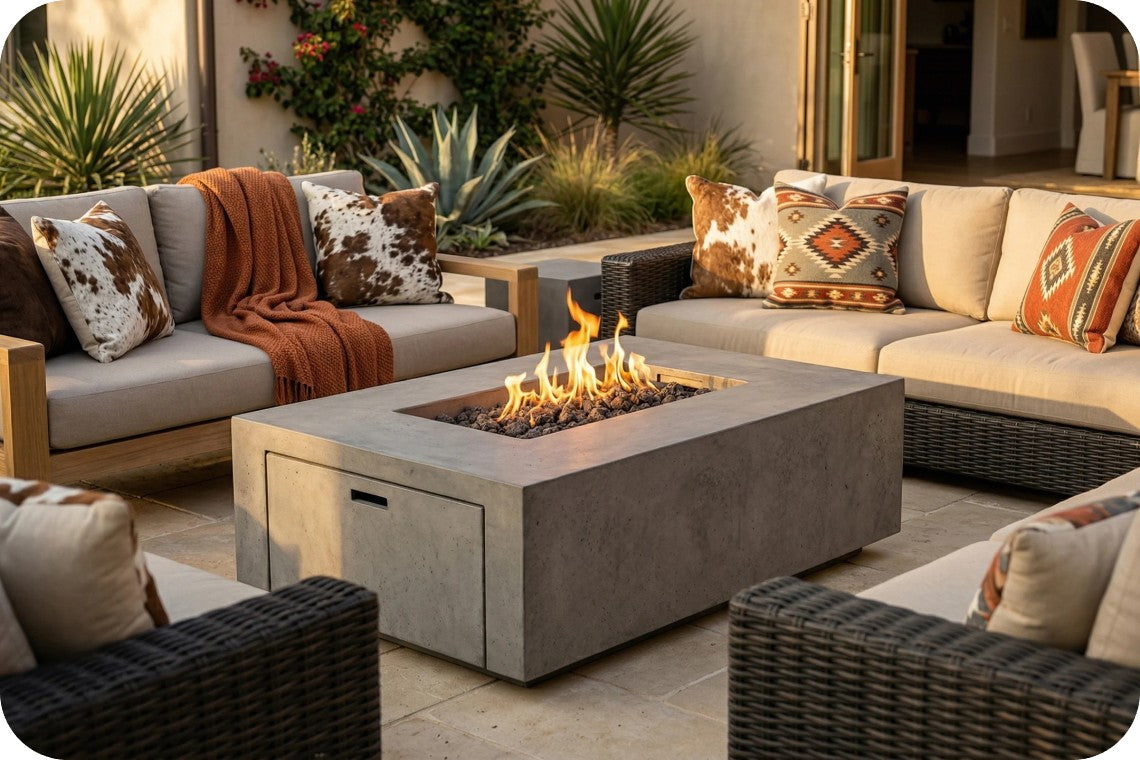 Outdoor patio furniture set with a rectangular concrete fire pit table in the center, surrounded by beige sectional sofas with patterned throw pillows and a rust-colored blanket, in a landscaped patio setting.