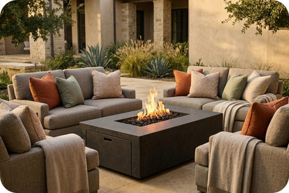 Outdoor patio conversation set with a rectangular fire pit table in the center, surrounded by modular sectional sofas and armchairs with neutral beige upholstery, orange-brown and sage green pillows, and light beige throw blankets. The setting is a warm, sunlit patio with a stone and stucco building in the background.
