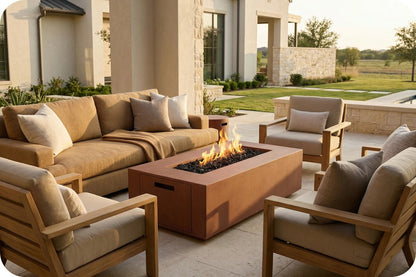 Outdoor patio furniture set with a tan sectional sofa, three wooden armchairs with beige cushions, and a rectangular copper fire pit table with an active flame, set against a modern house and lawn background.