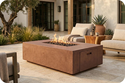 A rectangular outdoor fire pit table with a warm rust-brown finish and active flames, set on a stone patio in a modern patio lounge setting.