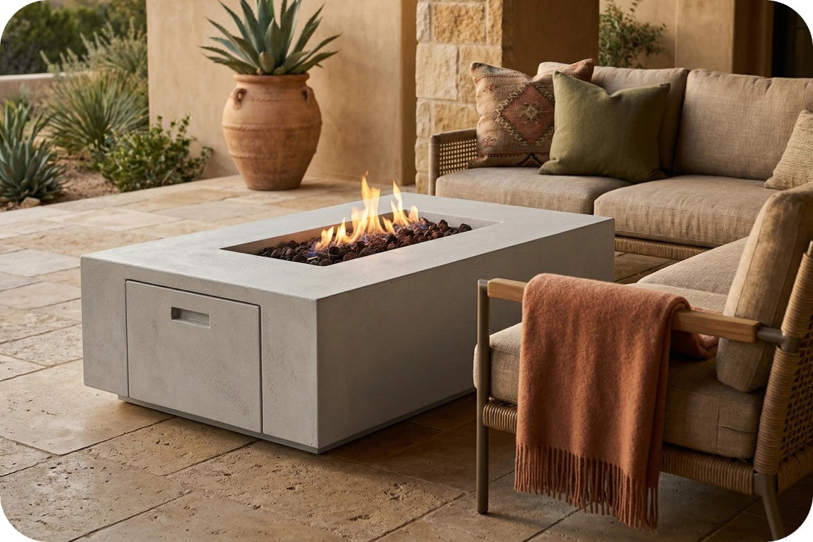 A rectangular concrete fire pit table with an active fire, set on a stone patio next to a beige outdoor sofa and chair with a rust-colored throw blanket.