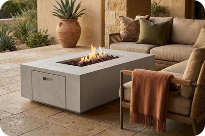 A rectangular concrete fire pit table with an active fire, set on a stone patio next to a beige outdoor sofa and chair with a rust-colored throw blanket.
