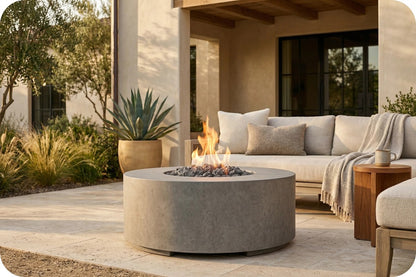 A round concrete fire pit table with a visible flame, placed on a patio in front of a modern outdoor sofa with pillows and a throw blanket.