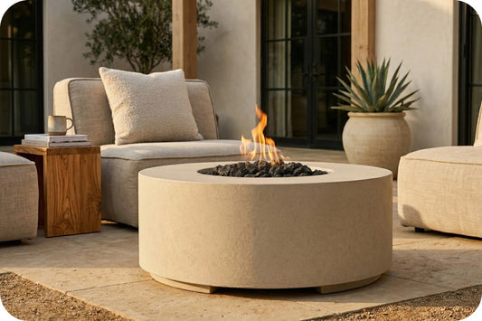 A round beige outdoor fire pit table with a visible flame, placed in a patio setting with upholstered seating, a side table, and potted plants.