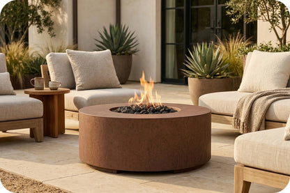 A round outdoor fire pit with a warm brown finish and active flames, set in the center of a patio seating area with beige lounge chairs, plants, and a stone floor.
