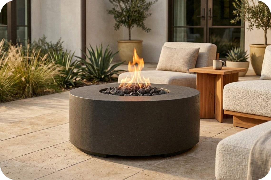 A round concrete fire pit table with a visible flame and black stones, placed on a patio in an outdoor living room setting with lounge chairs and plants.