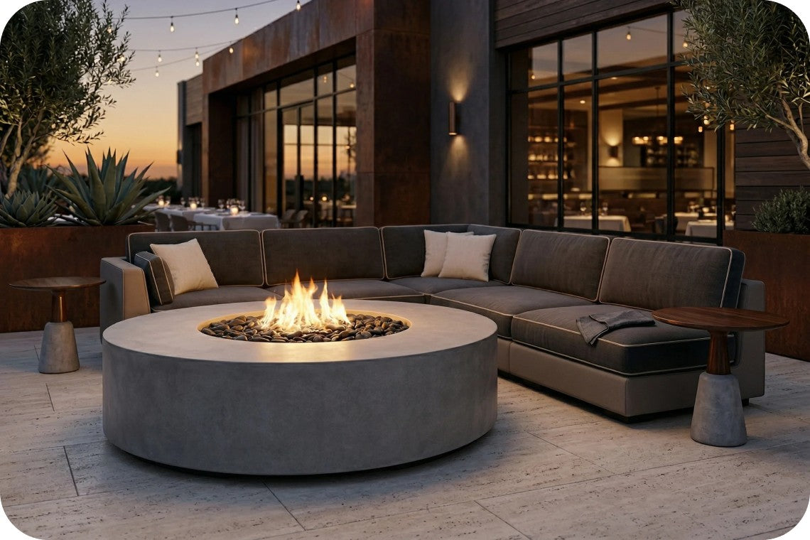 Modern outdoor patio furniture set featuring a curved gray sectional sofa with white accent pillows and a round concrete fire pit with active flames, set on a stone patio in front of a contemporary building at dusk.