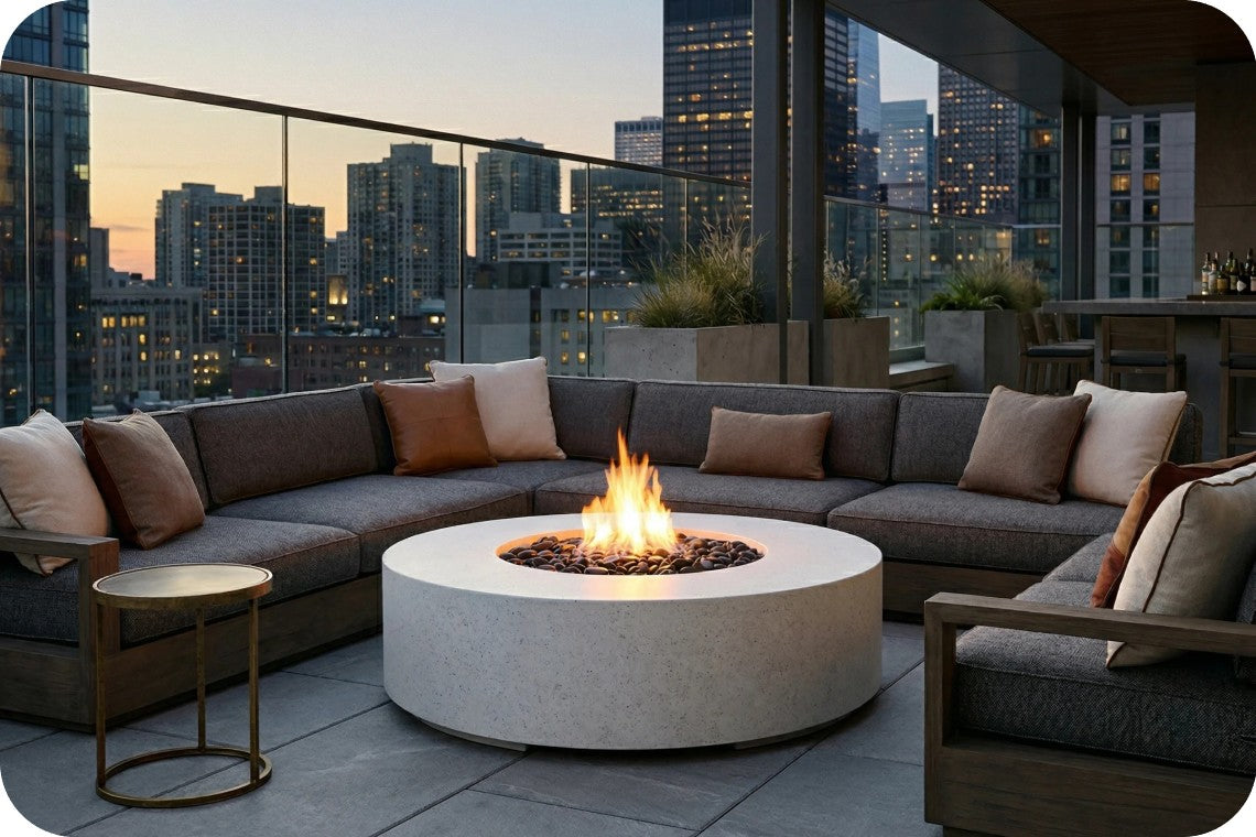 Outdoor patio seating set with a curved gray sectional sofa, matching accent pillows, a round concrete fire pit with a visible flame, and a small side table, set against a city skyline at dusk.
