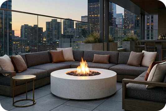 Outdoor patio seating set with a curved gray sectional sofa, matching accent pillows, a round concrete fire pit with a visible flame, and a small side table, set against a city skyline at dusk.