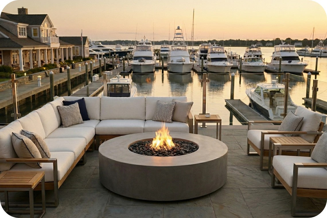 Outdoor patio furniture set with a round concrete fire pit table, sectional sofa, and armchairs on a dock overlooking a marina at sunset.