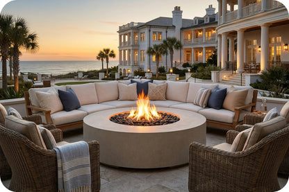 Outdoor patio furniture set with a large curved sectional sofa, round fire pit table, and wicker armchairs in front of a beachfront mansion at sunset.
