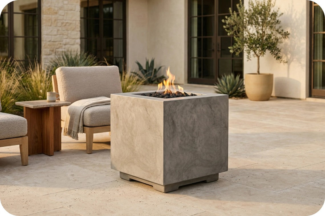 A square concrete fire pit table with a visible flame, placed on a stone patio in an outdoor patio setting with lounge chairs and a house in the background.