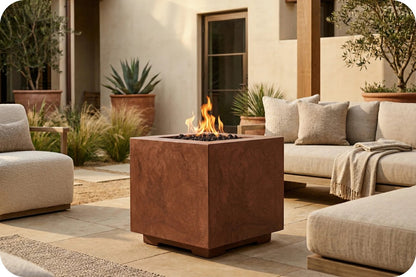 A square outdoor fire pit with a textured rust-brown finish and active flames, situated in a modern patio setting with beige lounge chairs and plants.