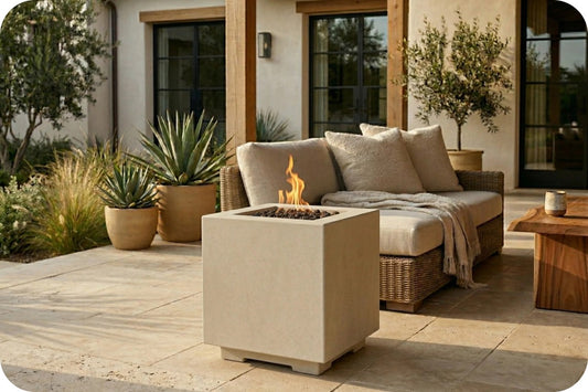 A modern square outdoor fire pit with a lit flame, set on a stone patio next to a wicker sofa with neutral cushions in a residential patio setting.