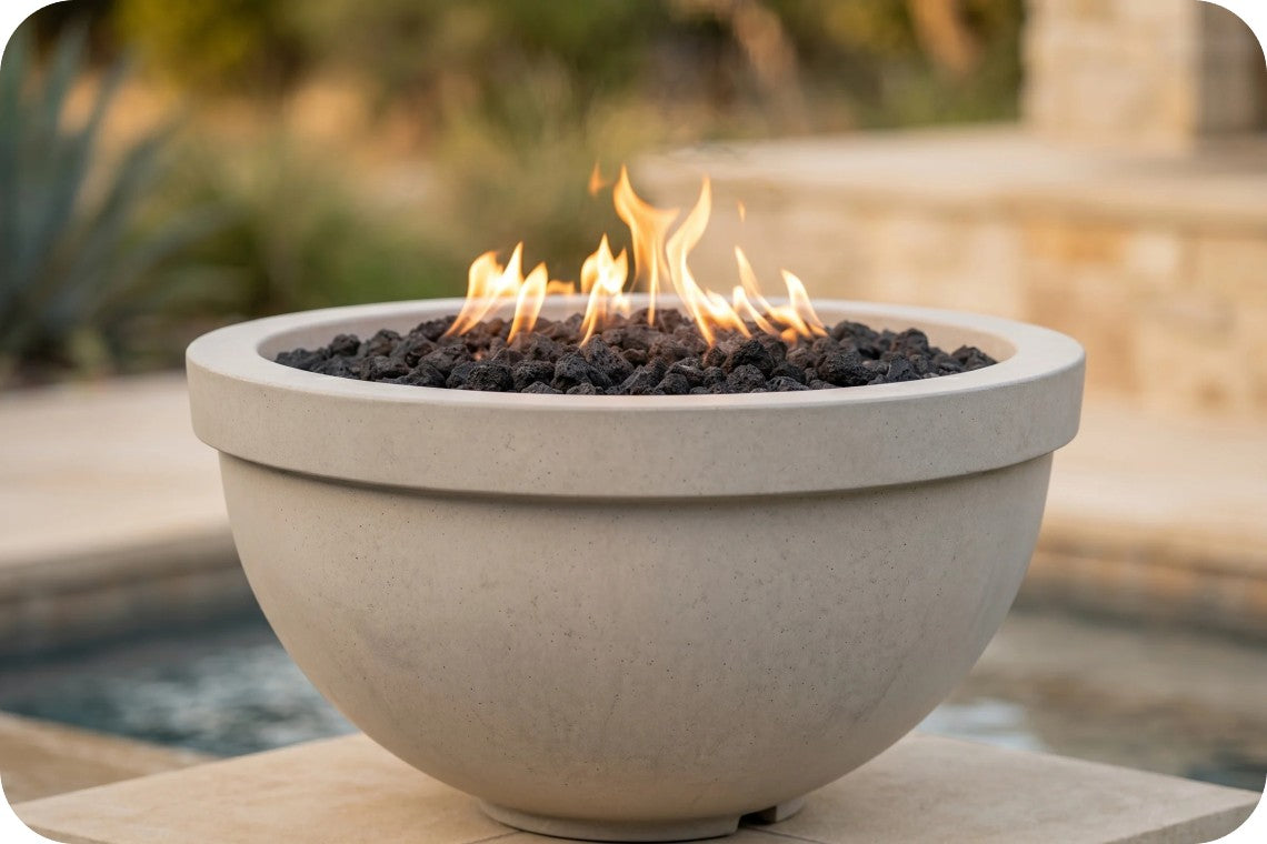 A round concrete fire pit bowl with black lava rocks and active orange flames, set outdoors on a stone surface near a pool.