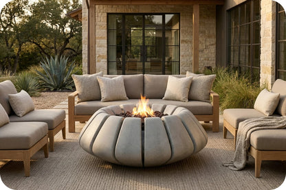 Outdoor patio furniture set with a round segmented fire pit table in the center, surrounded by a light beige sectional sofa and two matching armchairs with wooden frames, set on a woven rug in front of a stone house.
