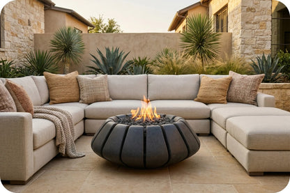 A modern outdoor sectional sofa in light beige fabric with tan and brown throw pillows, arranged around a dark round fire pit with a visible flame, set in a patio backyard with stone walls and plants.