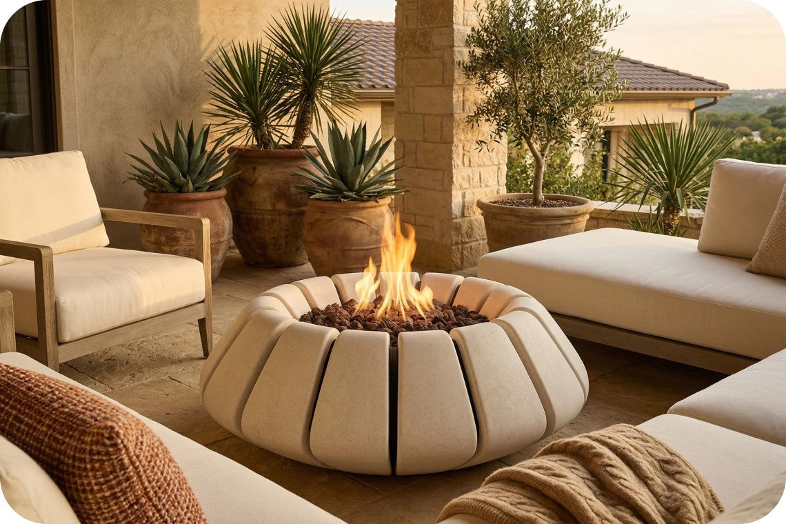 A round outdoor fire pit with a segmented beige fabric-like shell and visible flames, placed on a patio between cream outdoor seating pieces, potted plants, and a stone column.