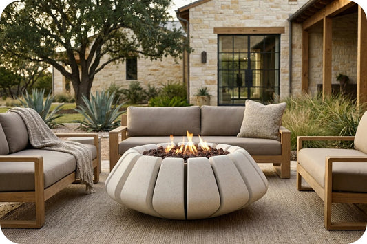 Outdoor patio furniture set with a round segmented fire pit table in the center, surrounded by matching beige and wood lounge chairs and a sofa in front of a stone house.
