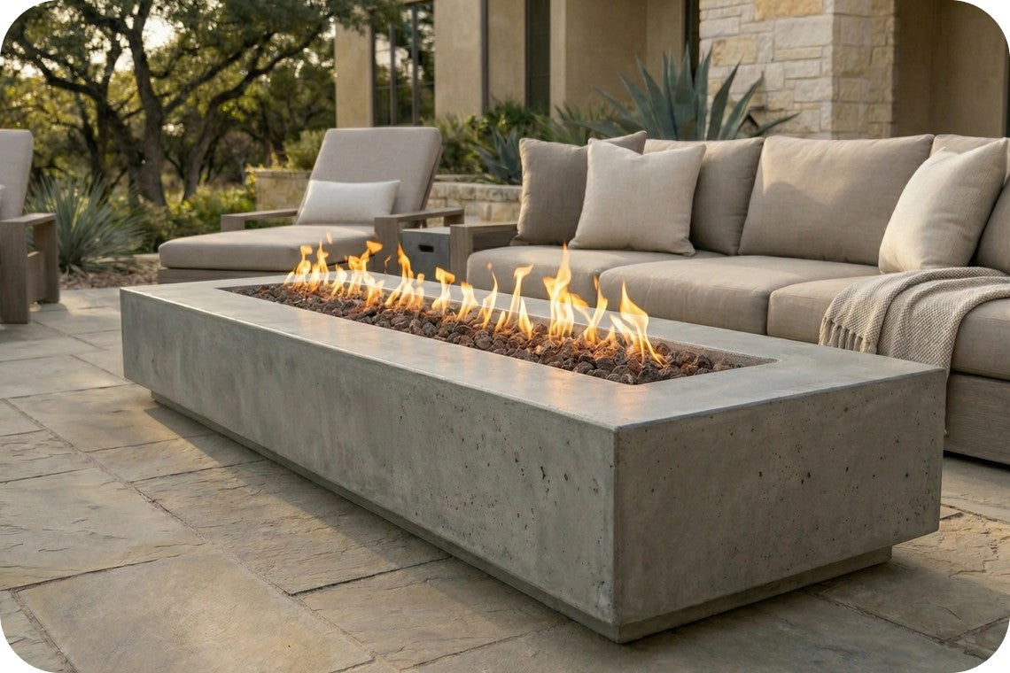 A rectangular concrete outdoor fire pit table with active flames, set on a stone patio in front of a beige sectional sofa.