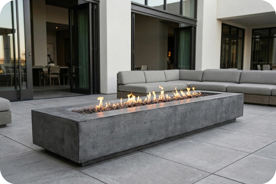 A rectangular concrete outdoor fire pit table with active flames, set on a stone patio in front of a modern sectional sofa.