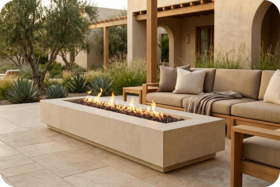 A rectangular concrete fire pit table with active flames sits on a stone patio beside a wooden outdoor sofa in a modern patio setting with plants and a stucco building.