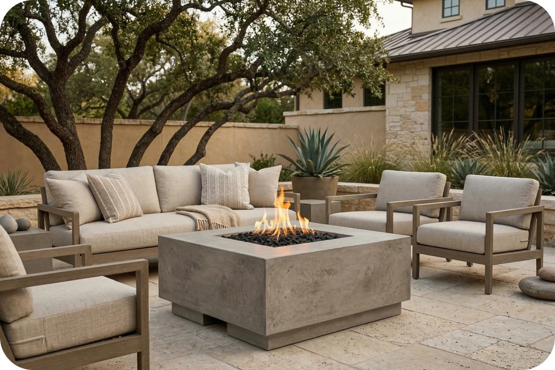 Outdoor patio furniture set with a square concrete fire pit table, a beige sectional sofa, and two matching armchairs in a landscaped backyard setting.