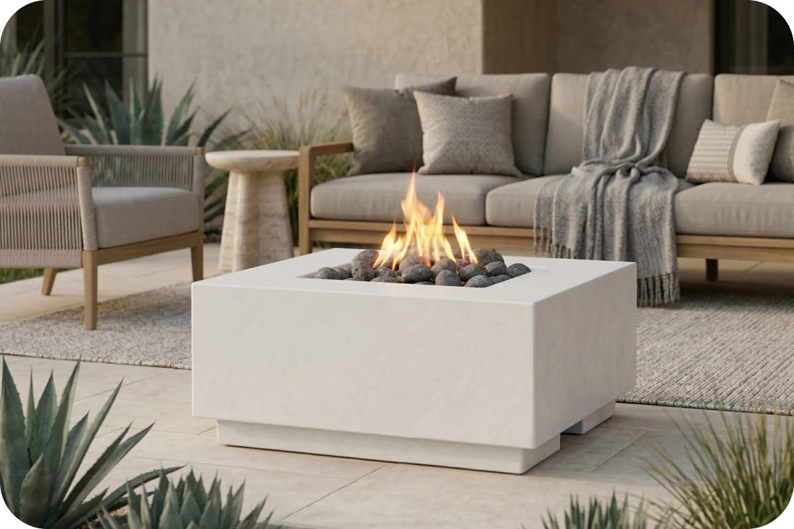 A modern square white outdoor fire pit table with a lit flame and dark stones, placed in front of a beige patio sofa with pillows and a throw blanket in a styled patio setting.