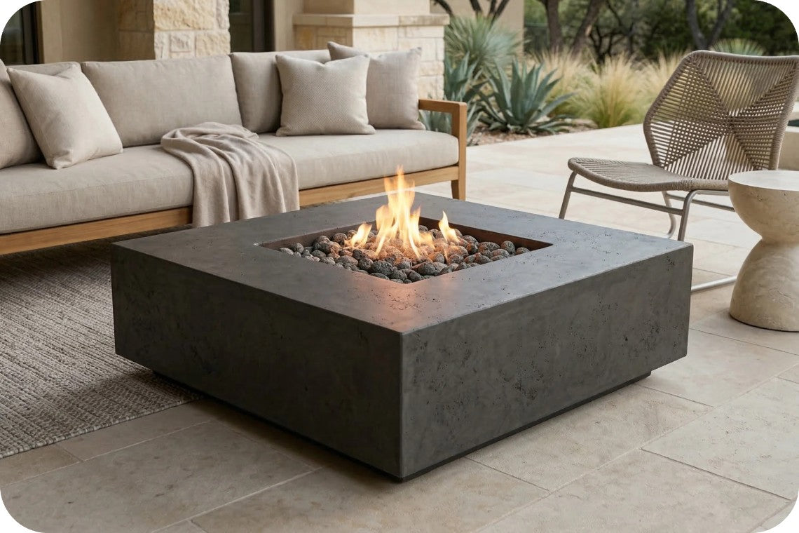 A square concrete fire pit table with a live flame and dark stones, set on a light stone patio next to a beige outdoor sofa and chair.