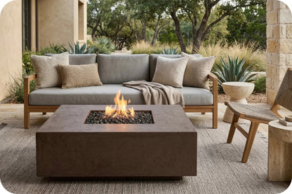 Outdoor patio furniture set featuring a rectangular concrete fire pit table with a live flame, positioned in front of a light gray upholstered sofa with wooden arms and a matching chair.