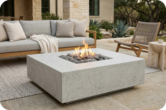A modern square concrete fire pit table with a live flame and gray stones, set on a stone patio in an outdoor patio lifestyle scene with a sofa and lounge chair in the background.