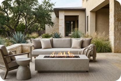 Outdoor patio furniture set featuring a beige sectional sofa, matching armchair, round side table, and a rectangular concrete fire pit with visible flames, set in front of a modern stone house.