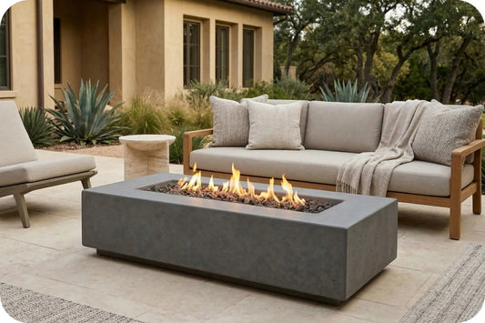 A modern outdoor patio scene featuring a rectangular concrete fire pit table with active flames, positioned in front of a light beige cushioned wooden sofa with a throw blanket.