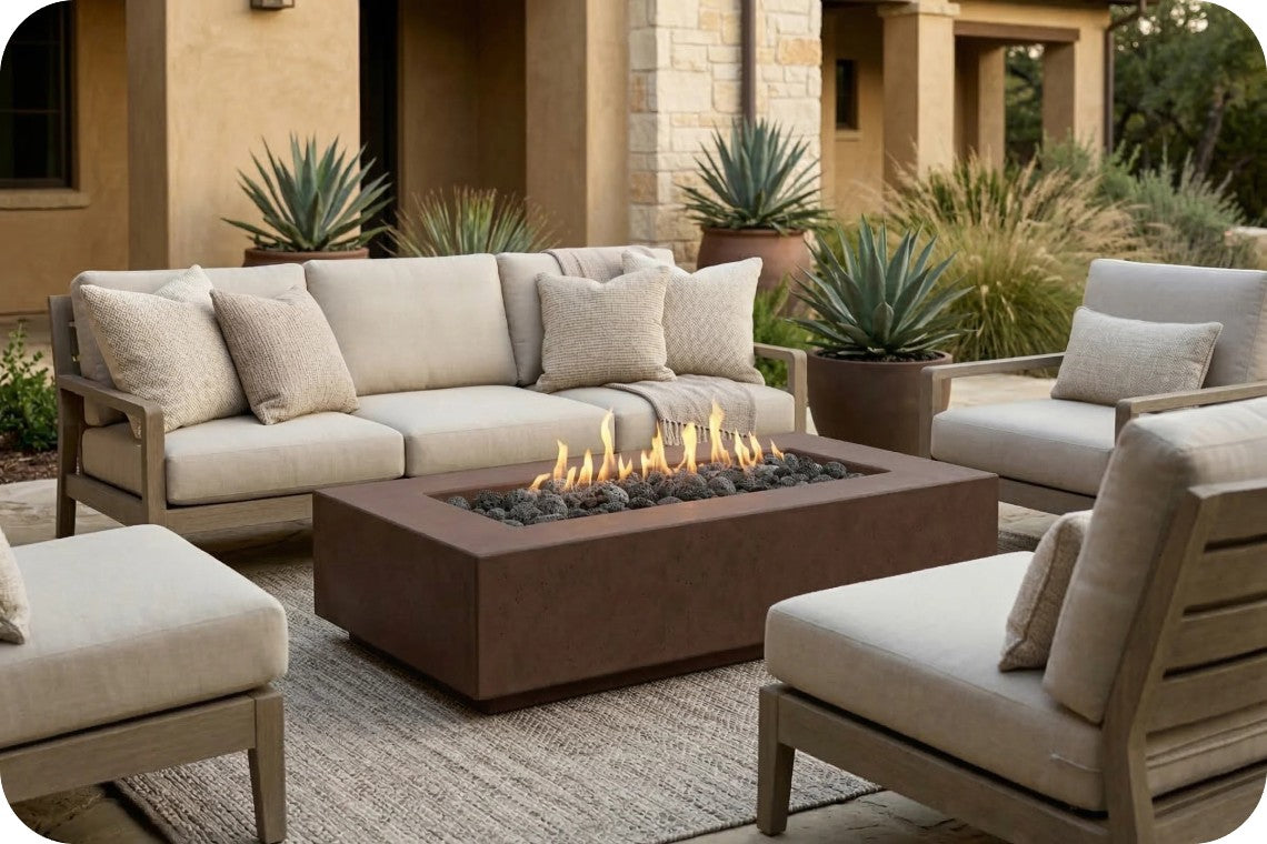 Outdoor patio furniture set with a rectangular fire pit table, a beige sectional sofa, two matching armchairs, and an ottoman placed in front of a stucco house with plants.