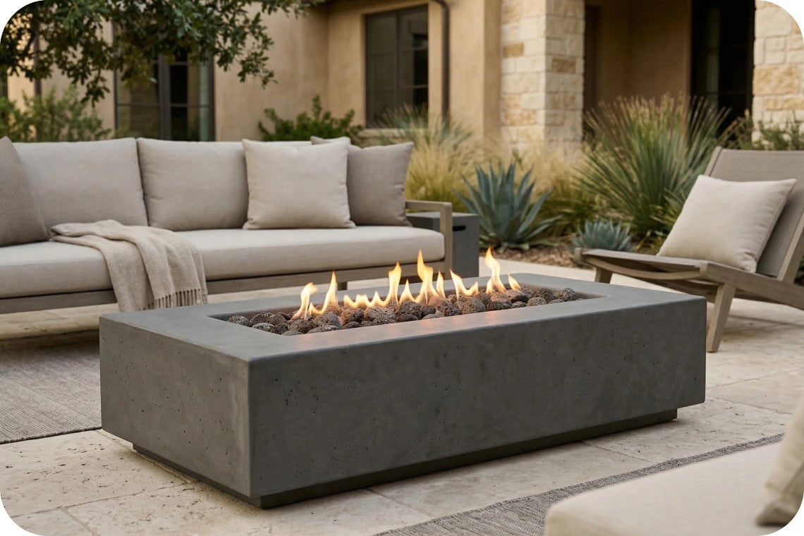 A rectangular concrete fire pit table with a live flame, set on a patio in front of a light beige outdoor sofa and chair.