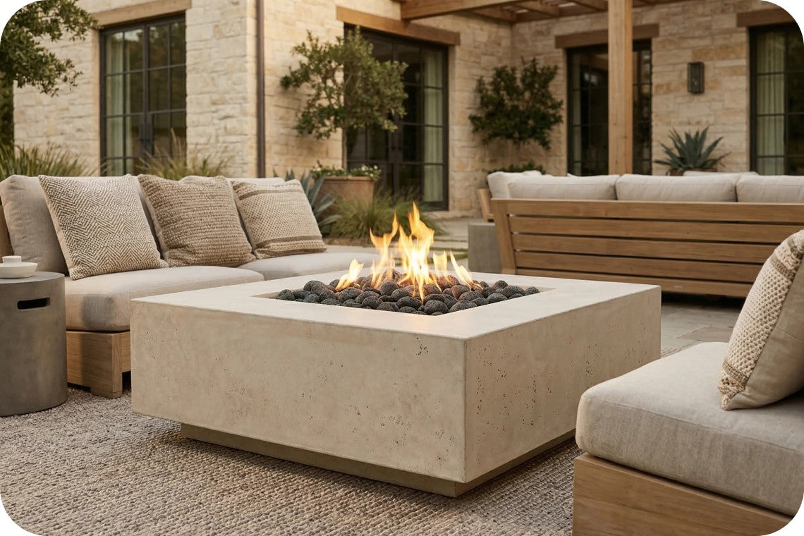 A modern outdoor patio scene featuring a square concrete fire pit table with a visible flame, surrounded by light beige sectional sofas and a wooden bench in front of a stone building.
