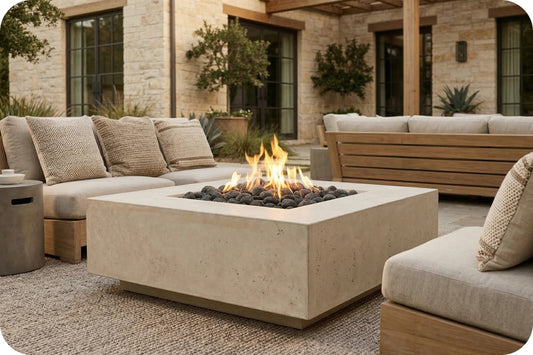 A modern outdoor patio scene featuring a square concrete fire pit table with a visible flame, surrounded by light beige sectional sofas and a wooden bench in front of a stone building.
