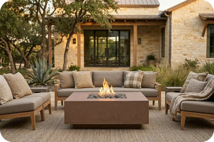 Outdoor patio furniture set with a rectangular fire pit table in the center, surrounded by a three-seat sofa and two matching armchairs with beige cushions and wooden frames, set in front of a stone house.