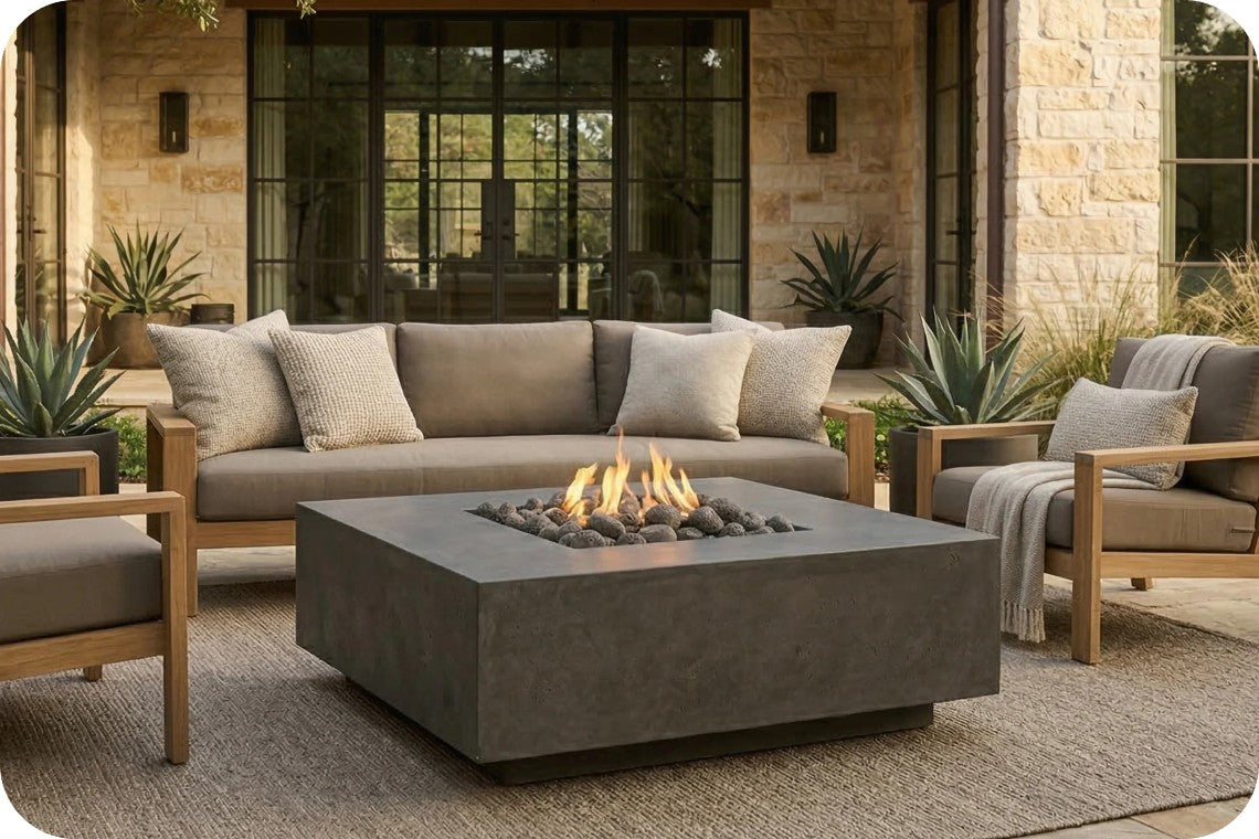 Outdoor patio furniture set with a rectangular concrete fire pit table in the center, a beige sectional sofa, two matching armchairs, and a stone patio in front of a house with large black-framed windows.