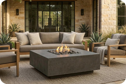 Outdoor patio furniture set with a rectangular concrete fire pit table in the center, a beige sectional sofa, two matching armchairs, and a stone patio in front of a house with large black-framed windows.