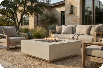 Outdoor patio furniture set with a square concrete fire pit table in the center, surrounded by a light beige sectional sofa and matching armchairs on a woven rug in front of a stone house.