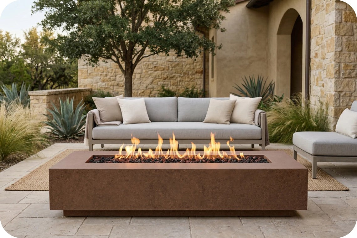 A rectangular outdoor fire pit table with a low flame in the center, positioned in front of a light gray outdoor sofa on a patio with a stone wall and trees in the background.