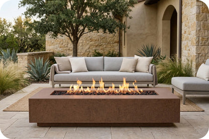 A rectangular outdoor fire pit table with a low flame in the center, positioned in front of a light gray outdoor sofa on a patio with a stone wall and trees in the background.