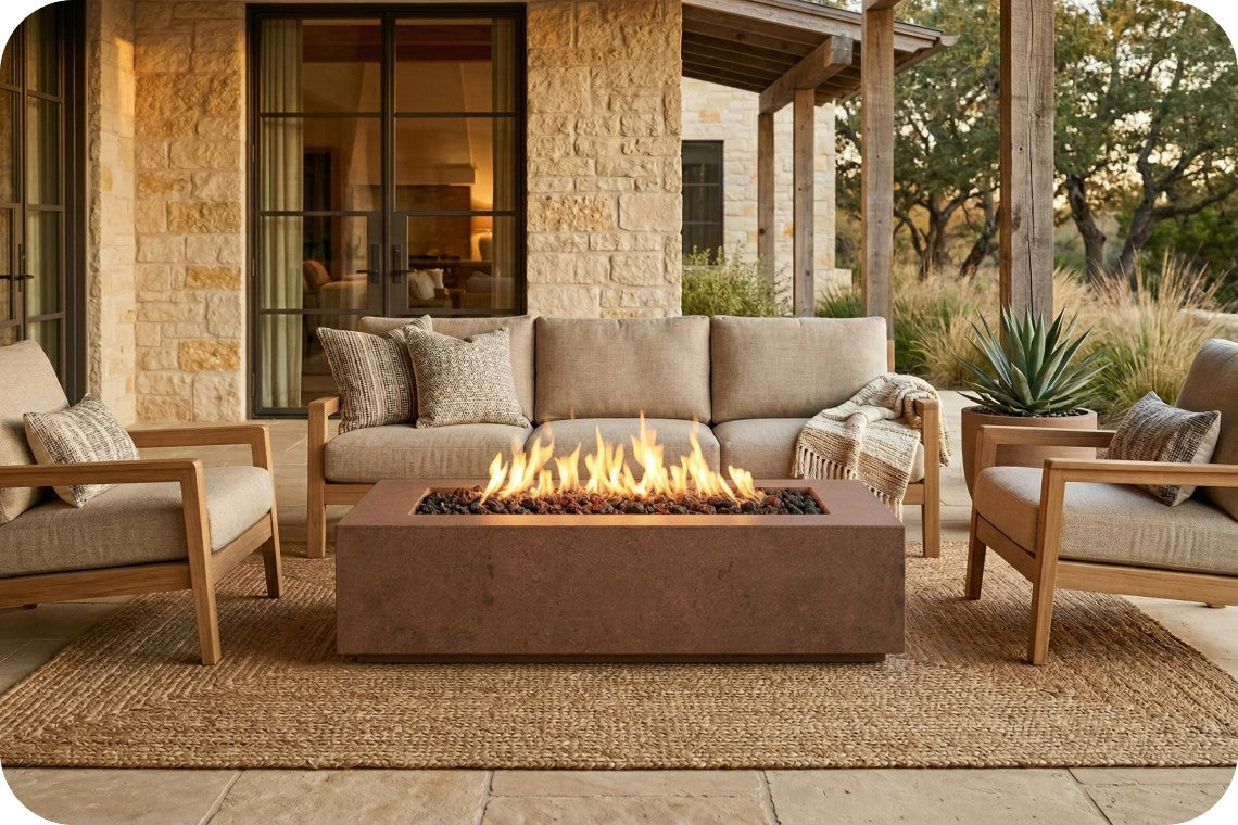 Outdoor patio furniture set with a rectangular fire pit table in the center, flanked by two wooden armchairs and a matching sofa, all arranged on a woven jute rug in front of a stone house.