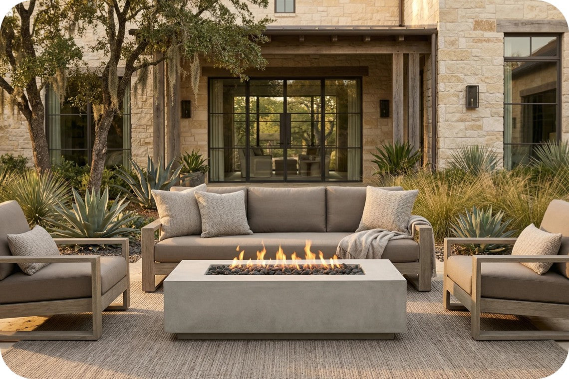 Outdoor patio furniture set with a three-seat sofa, two matching armchairs, and a rectangular concrete fire pit table, arranged on a woven rug in front of a modern stone house.