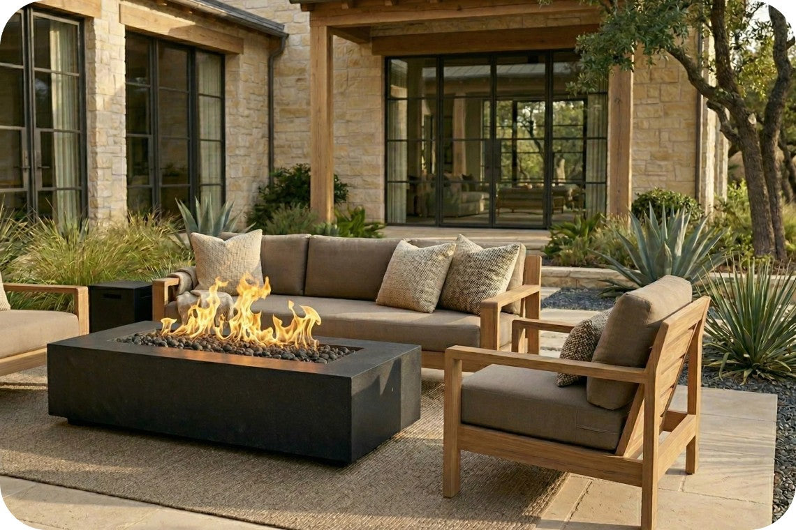 Outdoor patio furniture set including a rectangular fire pit table, a three-seat sofa, and a matching armchair with beige cushions and light wood frames, set in front of a modern stone house.