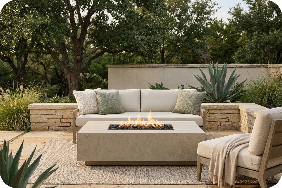 Outdoor patio furniture set featuring a beige sectional sofa with green pillows, a matching rectangular fire pit table, and a beige armchair with a throw blanket, set against a stone wall and trees.