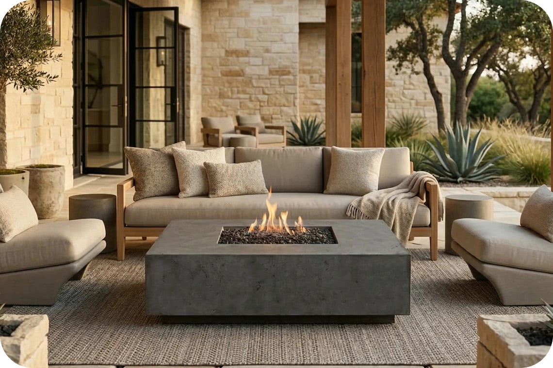 Outdoor patio furniture set featuring a rectangular concrete fire pit table with a lit flame, a beige sectional sofa with matching pillows, and two matching armchairs in a modern stone patio setting.