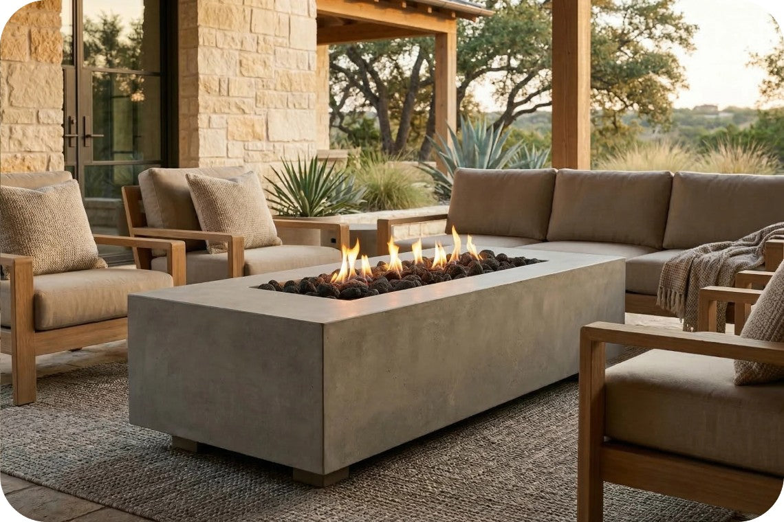 A modern outdoor patio scene featuring a rectangular concrete fire pit table with active flames, surrounded by a sectional sofa and matching armchairs on a woven rug. The setting includes a stone wall, wooden columns, and trees in the background.