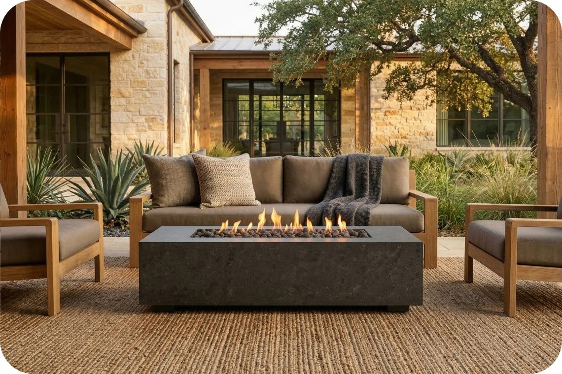 Outdoor patio furniture set with a rectangular fire pit table in the center, a three-seat sofa with cushions and a throw blanket, and two matching armchairs, arranged on a woven rug in front of a stone house.